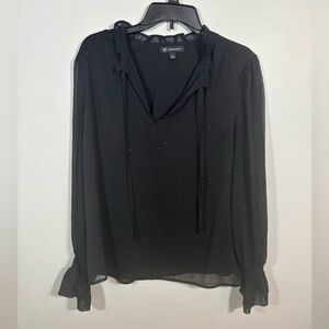 INC International Concepts Black Swiss Dot Sheer Sleeve Blouse Size L